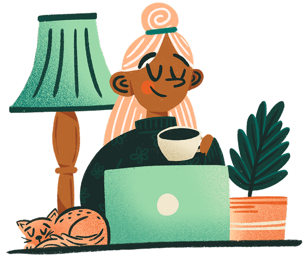 Illustration of a person sitting at a desk with a laptop, holding a cup, next to a lamp and plant.