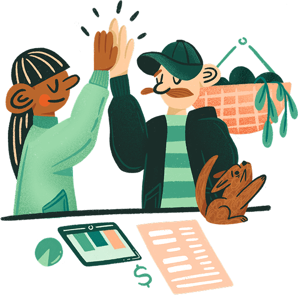 Illustration of two people high-fiving with a cat and work items on a table.