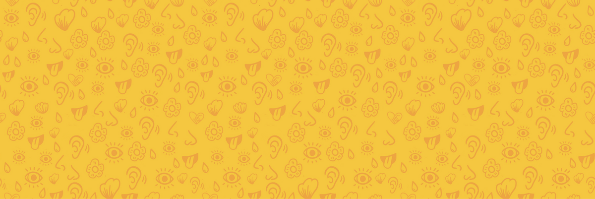 Repeating pattern of simple illustrated icons representing the 5 senses on a yellow background