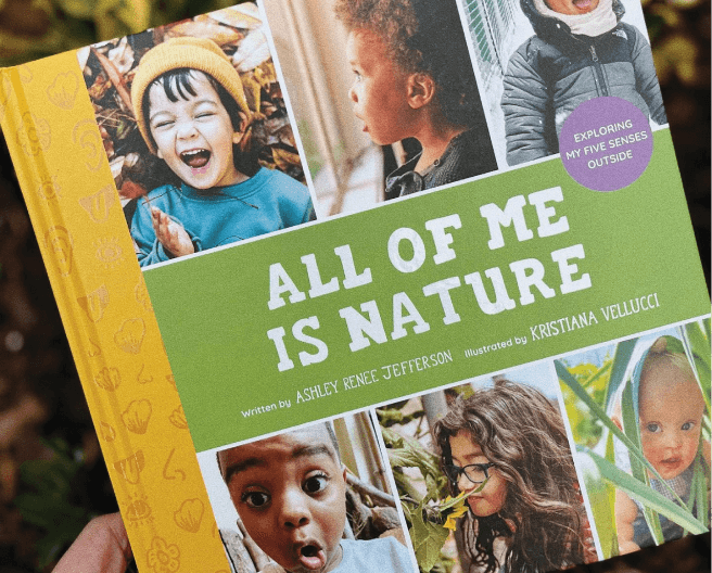 Book titled 'All of Me is Nature' with images of children on the cover.