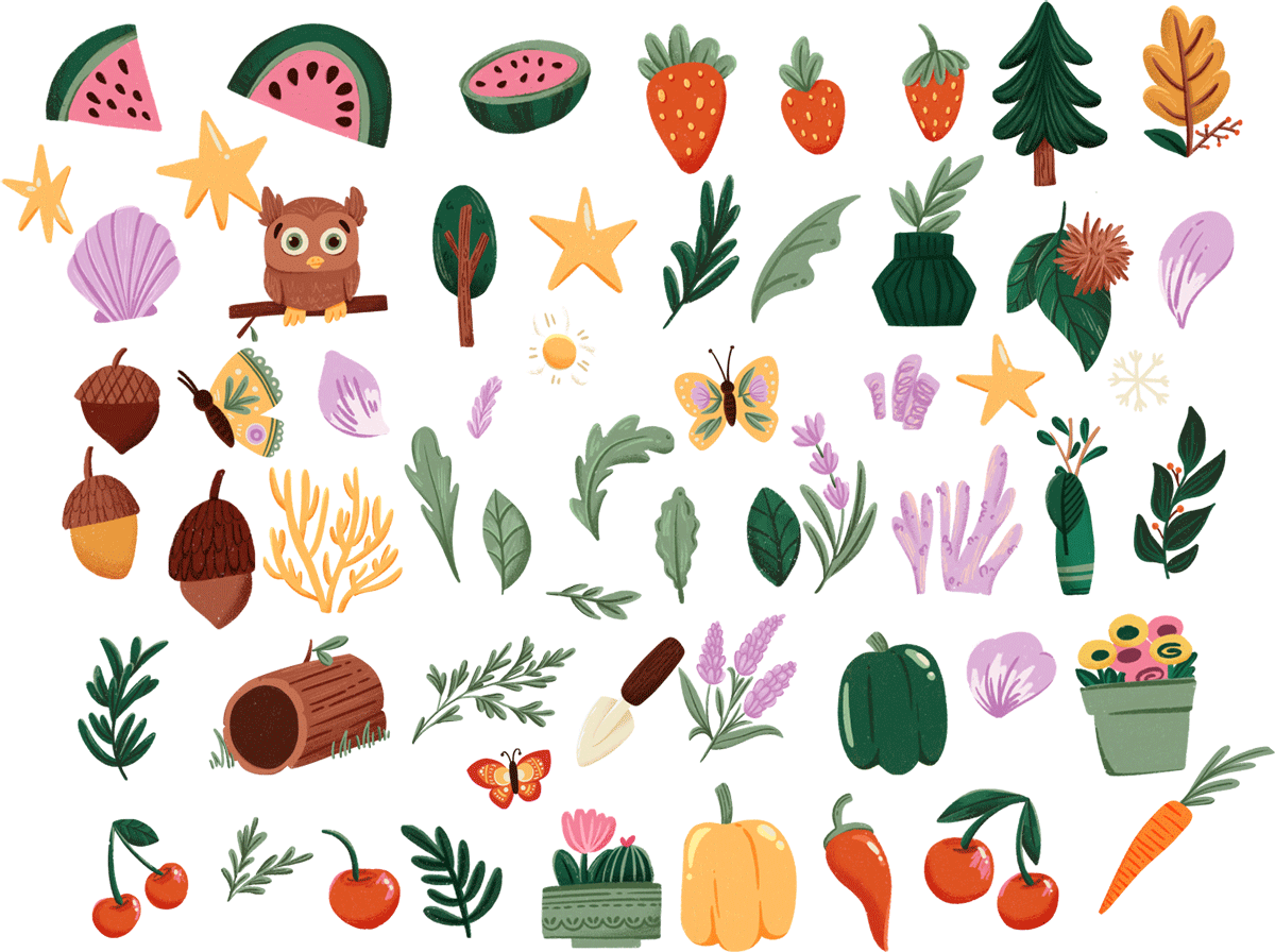 Colorful assortment of nature-themed illustrations