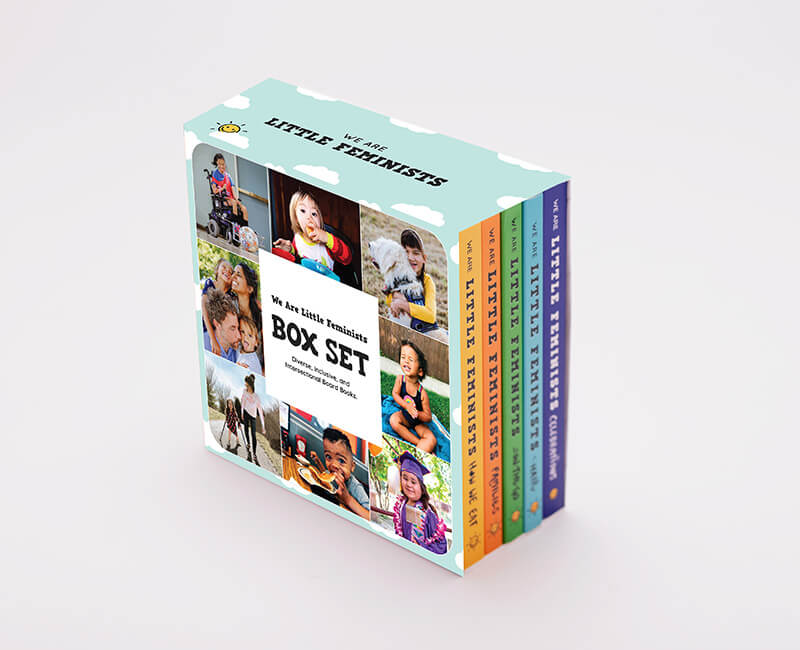 Box set of 'We Are Little Feminists' books on a light gray background