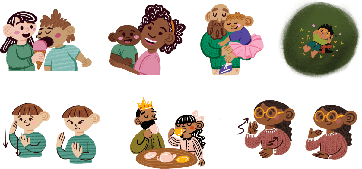 Illustrations of various parent and child characters in different poses and outfits on a white background.