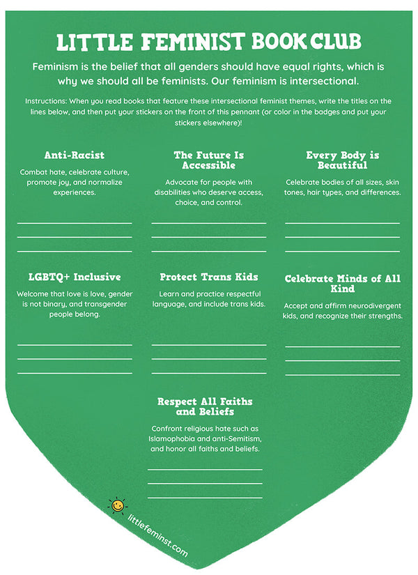 Green poster with text and checkboxes for Little Feminist Book Club on a white background