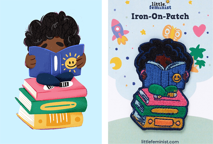 Iron-on patch of a child reading a book with 'little feminist' branding.