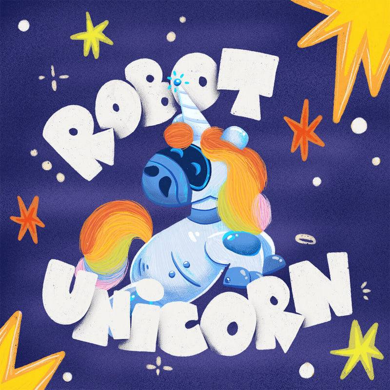 Colorful illustration of a robot unicorn with stars on a dark blue background