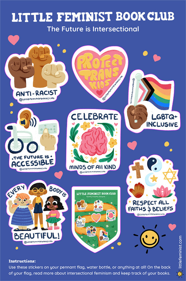 Sticker pack with various social justice messages on a blue background, featuring the Little Feminist Book Club branding.