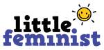 The word 'feminist' in blue text with a yellow smiley face icon