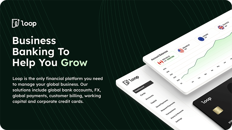 Loop financial platform with business banking solutions on a dark background