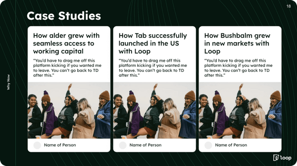 Slide with case study examples of Loop's growth strategies, featuring people in winter clothing.