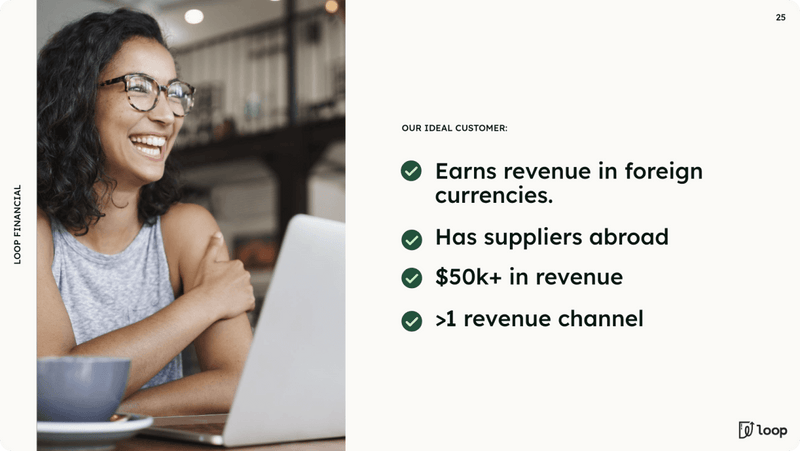 Woman using a laptop with text about ideal customer criteria on Loop Financial.