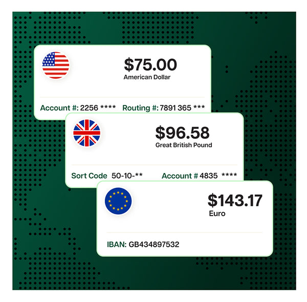 Three currency conversion labels showing American Dollar, British Pound, and Euro with respective values and symbols.