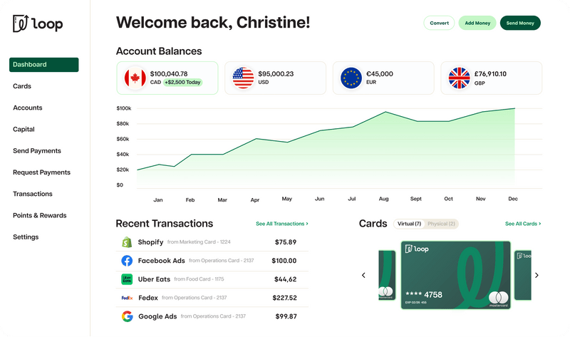 Financial dashboard with account balances, recent transactions, and card information on a white background.