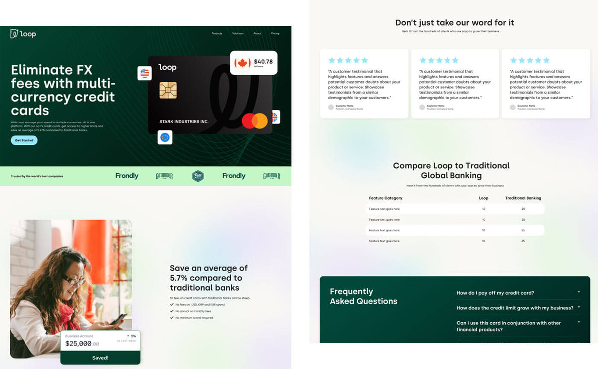 Two web pages showcasing Loop financial services with branding and user interface elements.