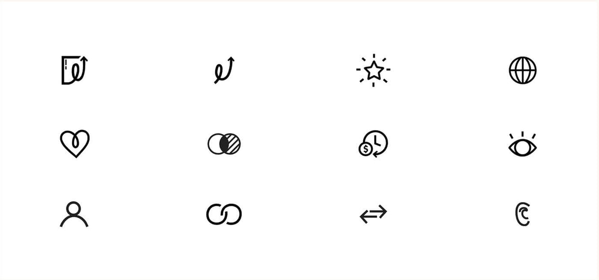 Set of various black icons on a white background
