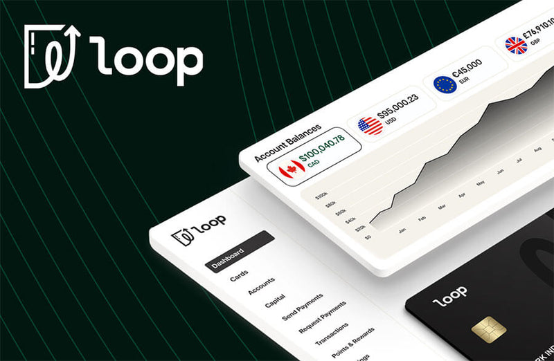 Loop digital wallet interface with card and account balances on a dark green background