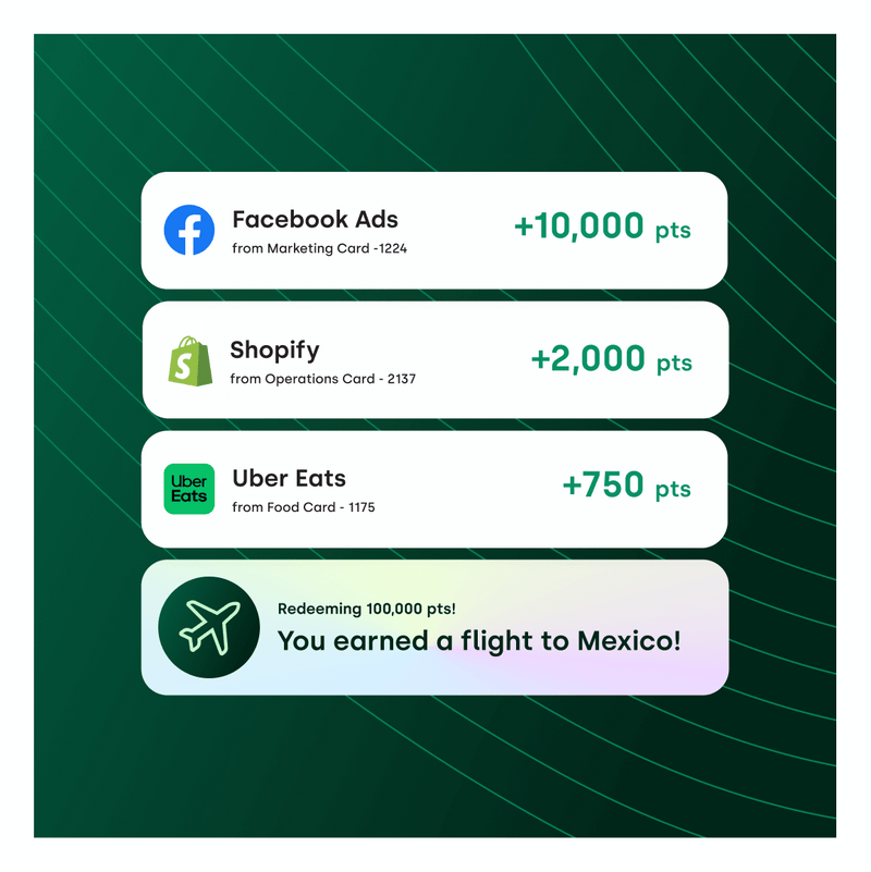 Points earned from various sources with corresponding rewards on a green background