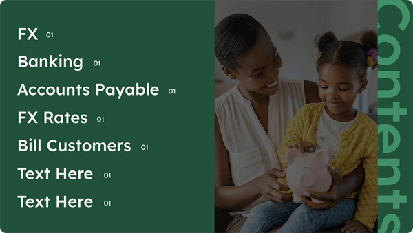 Woman and child with a piggy bank on a green background with text overlay