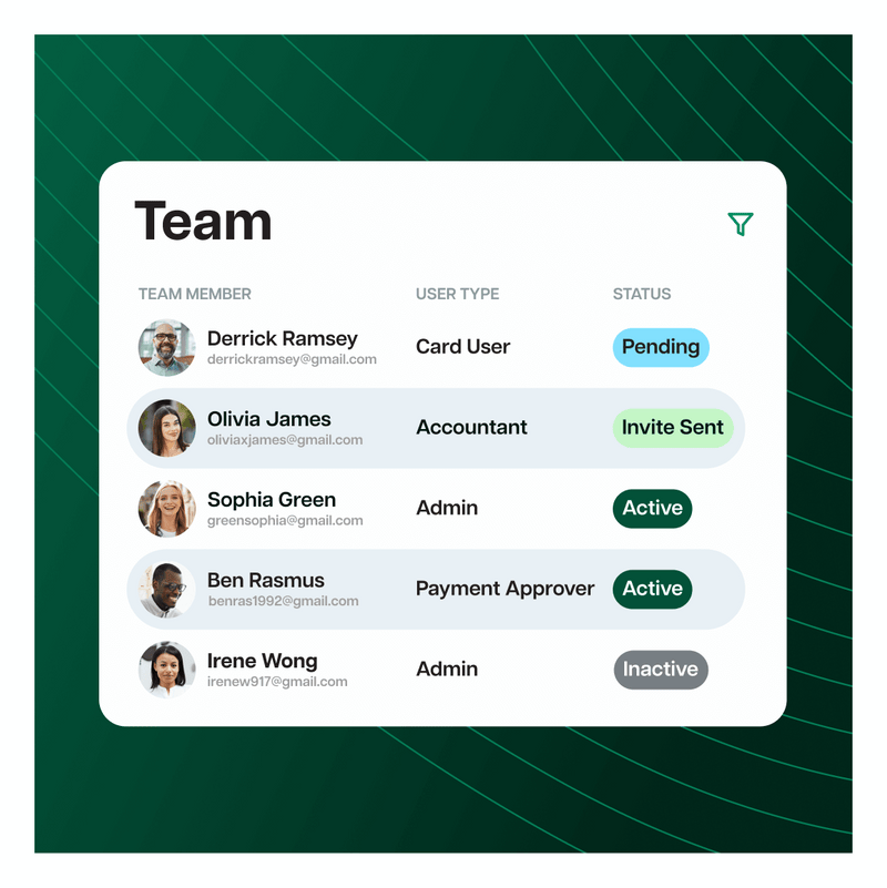 Team member list with status updates on a green background