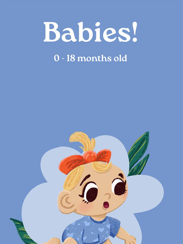 Card with cartoon baby illustration and text 'Babies! 0-18 months old' on a blue background
