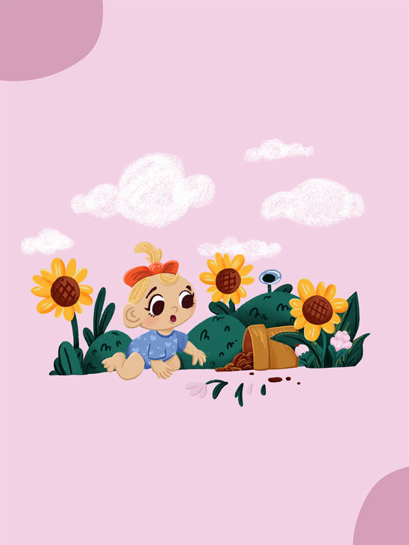 Cartoon baby character with sunflowers on a pink background