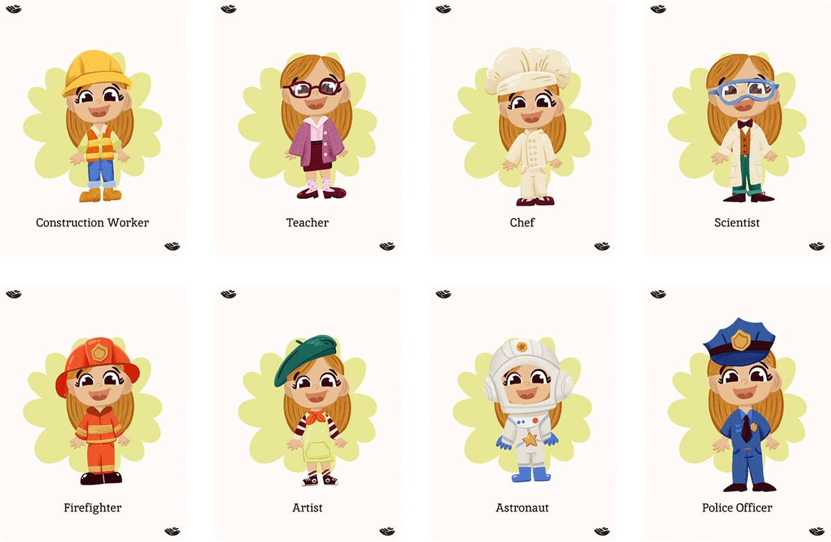 Set of cards with cartoon characters representing different professions on a white background.
