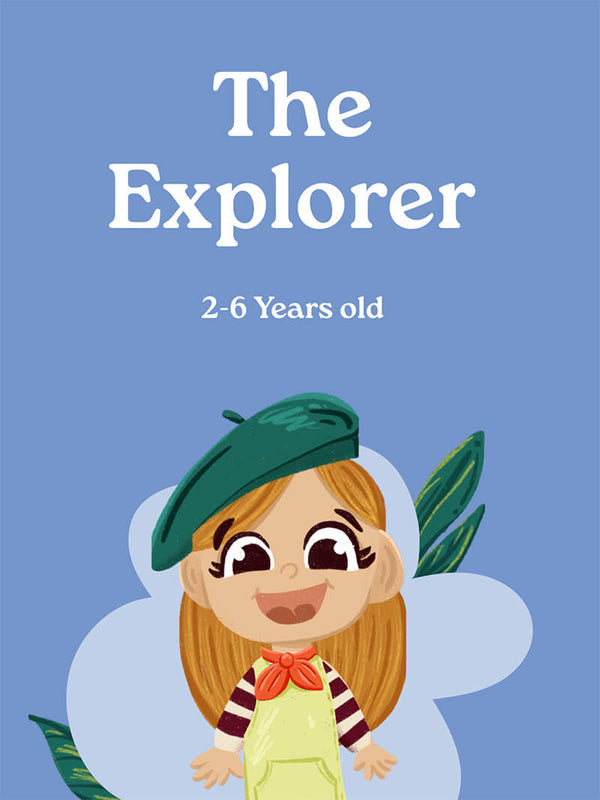 Card titled 'The Explorer' for ages 2-6 with a cartoon character on a blue background