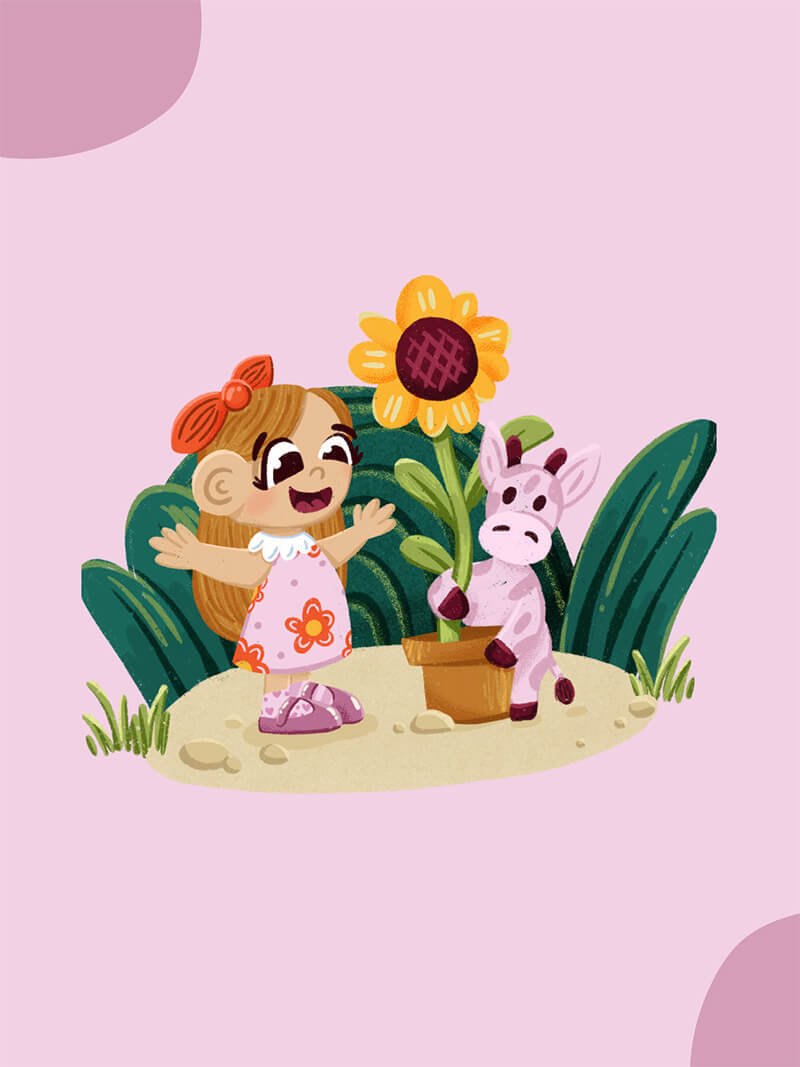 Illustated girl child with a stuffed giraffe and sunflower on a pink background