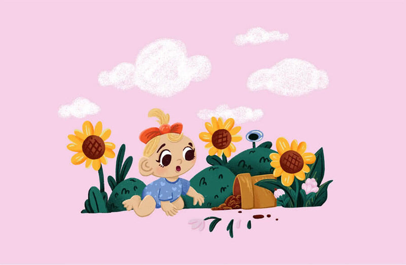 Illustrated baby character with sunflowers on a pink background