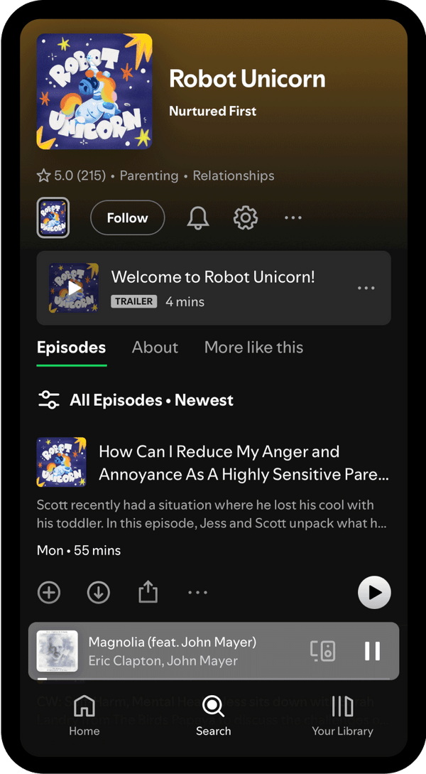 Spotify app screen showing the 'Robot Unicorn' podcast with episode list and player controls.