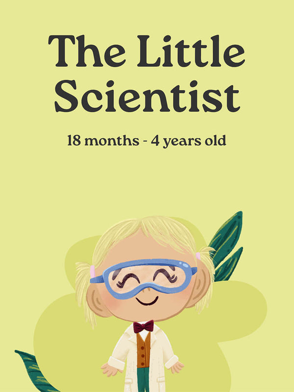 Card titled 'The Little Scientist' for ages 18 months to 4 years with a child in a lab coat and goggles on a green background.