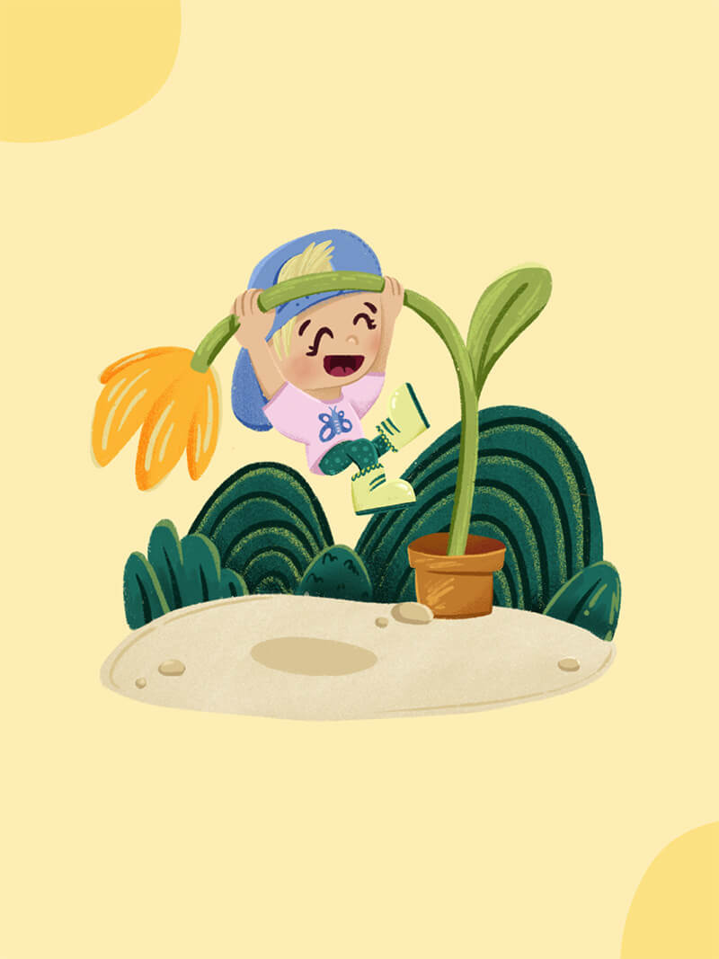 Illustration of a child swinging on an overgrown plant on a yellow background