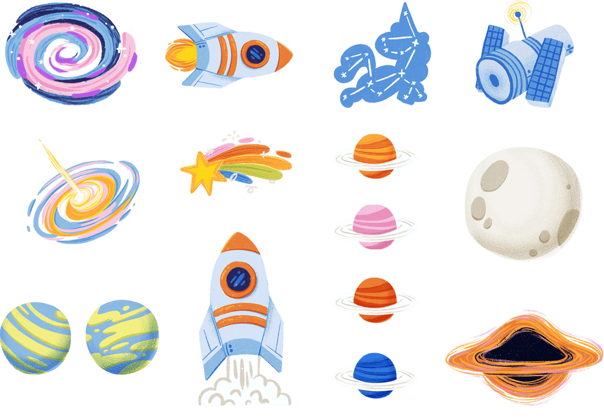 Collection of colorful space-themed illustrations including rockets, planets, and stars on a white background.