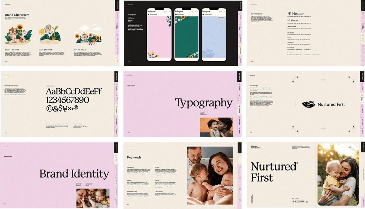 Collage of brand identity design elements including logos, typography, and lifestyle images.