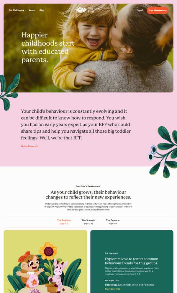 Website page about parenting featuring a photo of a mother holding a young child and some content talking about childhood development