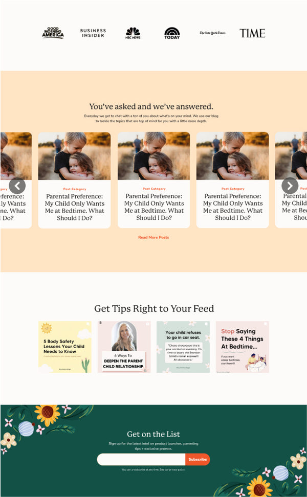 Website layout with images of children and text on a beige background