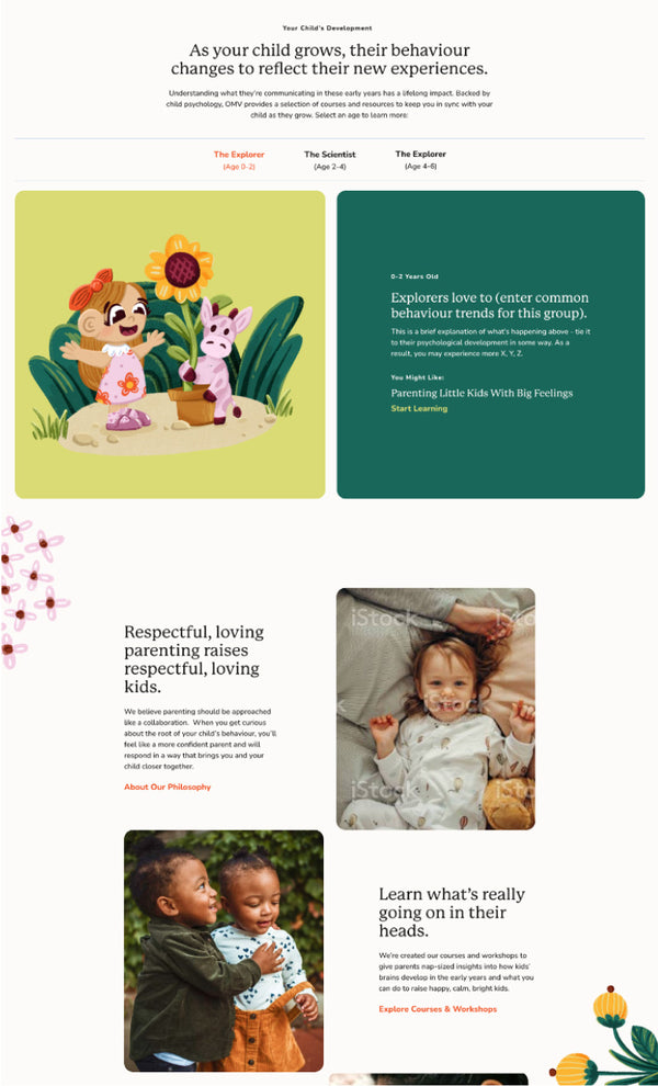 Educational webpage about child development and parenting with illustrations and text.