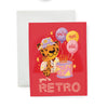 Greeting card with a retro-themed illustration of a leopard and balloons on a red background.