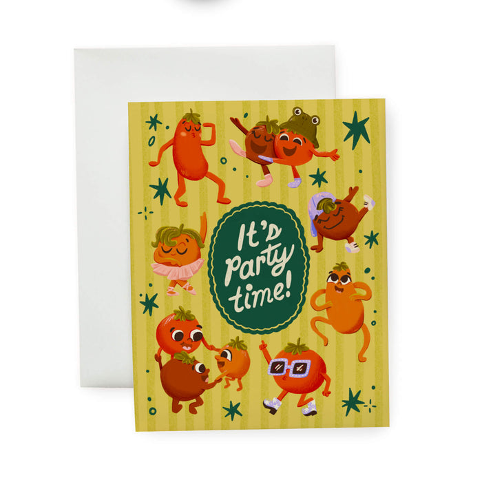 Greeting card with quirky illustrated tomatoes and 'It's Party Time!' text on a yellow background.