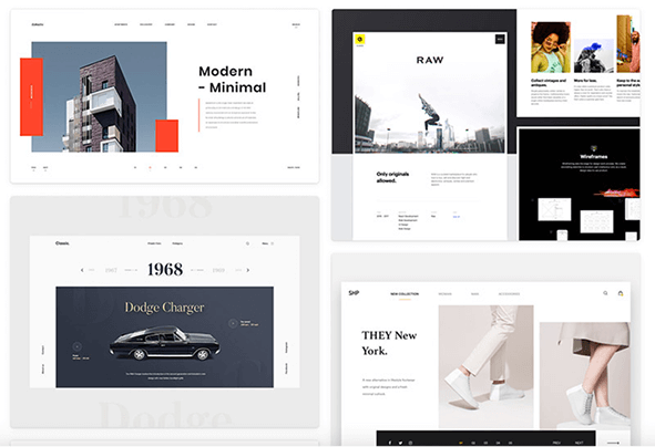 Minimalist modoboard of website design templates with different layouts and styles.