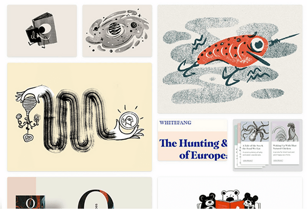 Collage of various graphic designs and illustrations with a focus on abstract art and branding.