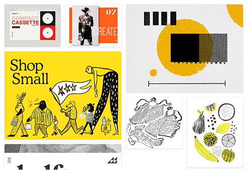Colorful moodboard of graphic design elements with text and illustrations on a white background