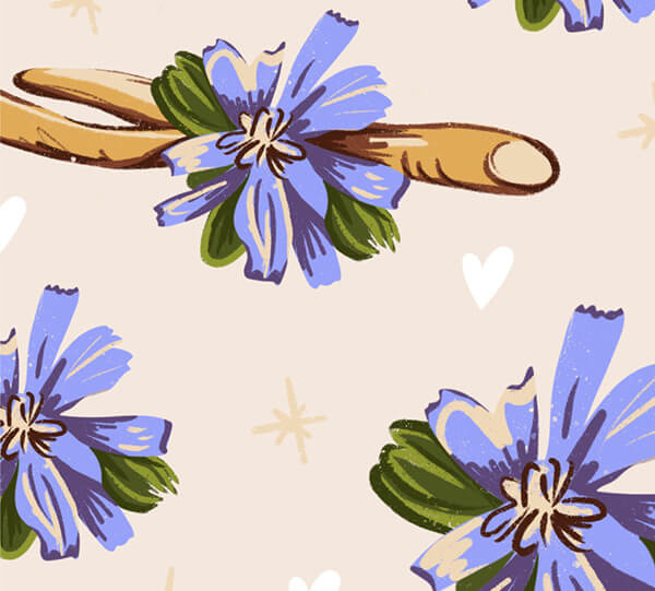 Floral chicory root pattern with blue flowers and green leaves on a beige background