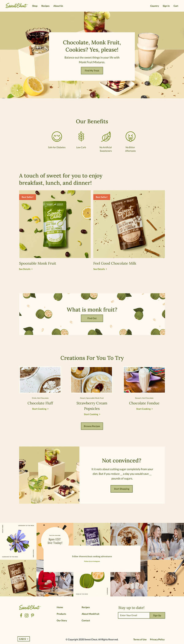 Website homepage with food products and illustrations