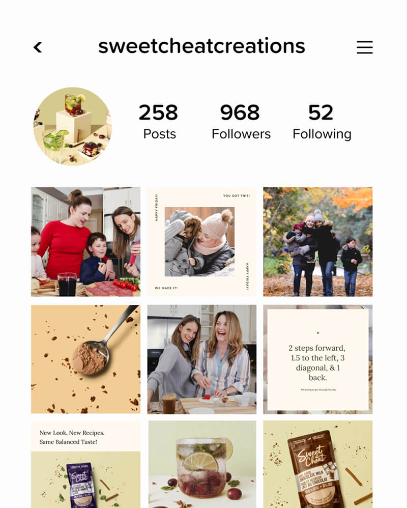 Profile page of 'sweetcheatcreations' on a platform with profile stats and grid of images.