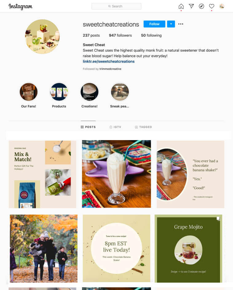 Instagram profile page of 'sweetcheatcreations' with posts and follower count displayed.