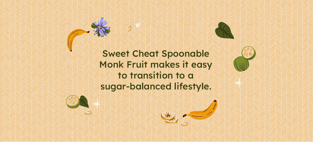 Text about sweet cheat spoonable monk fruit with banana, lime, and flower illustrations on a beige background.