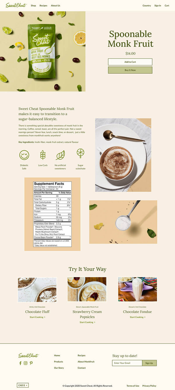 Spoonable Monk Fruit product page showing product details, photos and nutrition facts.