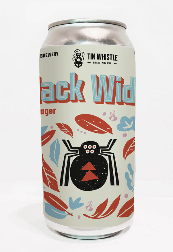 Beer can with 'Black Widow' design and Tin Whistle Brewing Co. branding on a white background