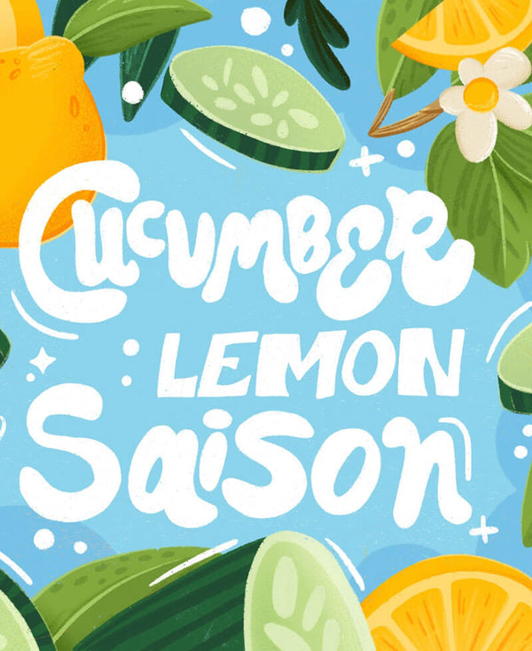Fruit-themed design with 'Cucumber Lemon Saison' text on a blue background
